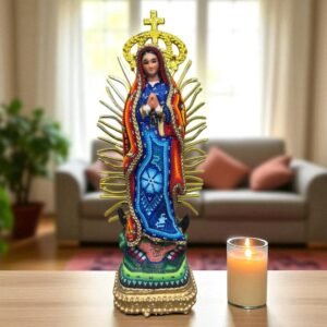 Virgin Mary statue Huichol Sculpture Of Mexican Folk Art, Guadalupe Wixarika As A Mexican Religious statues  , Made Of Resin And Beads