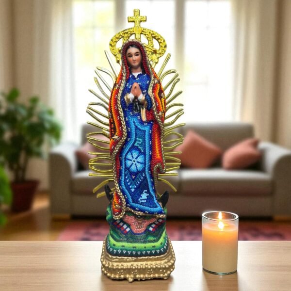 Virgin Mary statue Huichol Sculpture Of Mexican Folk Art, Guadalupe Wixarika As A Mexican Religious statues  , Made Of Resin And Beads