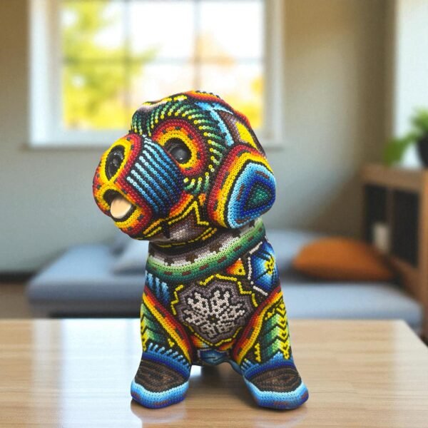 Dog Bulldog Statue Huichol Sculpture Of Mexican Folk Art, Pet Wixarika As A Mexican Decorative Figure, Made Of Resin And Beads - Image 2