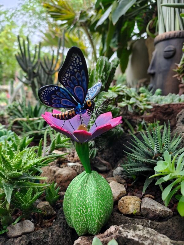 Butterflie Viznaga Statue Mexican Folk Art Alebrije Sculpture, Wooden As Mexican Decoration Figurine, Made Of Wood And Carved By Hand