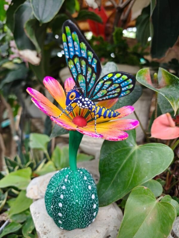 Butterflie Viznaga Statue Mexican Folk Art Alebrije Sculpture, Wooden As Mexican Decoration Figurine, Made Of Wood And Carved By Hand