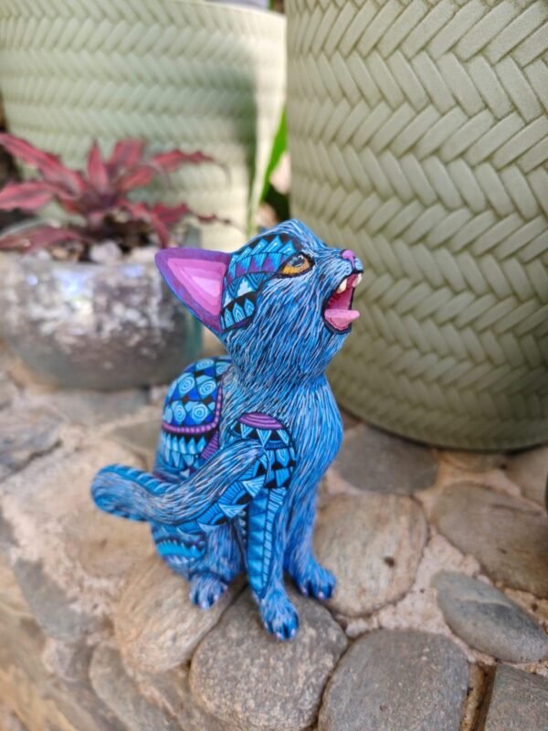 Cat Statue Mexican Folk Art Alebrije Sculpture, Wooden As Mexican Decoration Figurine, Made Of Wood And Carved By Hand