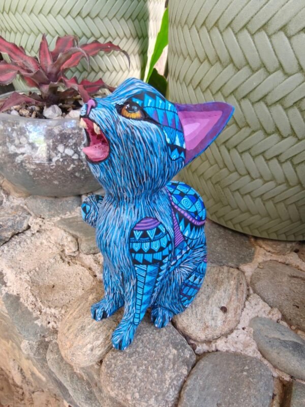 Cat Statue Mexican Folk Art Alebrije Sculpture, Wooden As Mexican Decoration Figurine, Made Of Wood And Carved By Hand - Image 2
