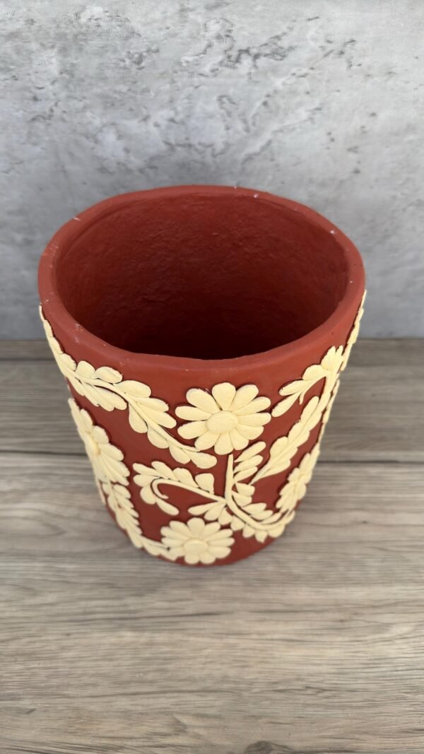 Embroidered Clay Planter Pot Oaxaca Filigrana Clay  Terracotta Flower Pot with Raised Floral Design, Red  Mexican Pottery  Artisans Handmade - Image 3