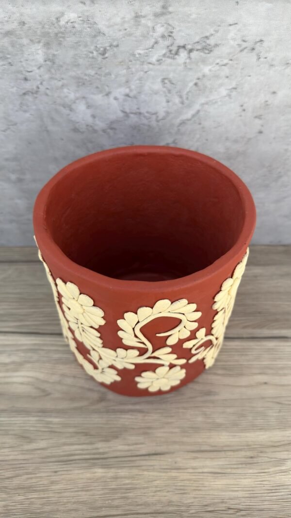 Embroidered Clay Planter Pot Oaxaca Filigrana Clay  Terracotta Flower Pot with Raised Floral Design, Red  Mexican Pottery  Artisans Handmade - Image 3
