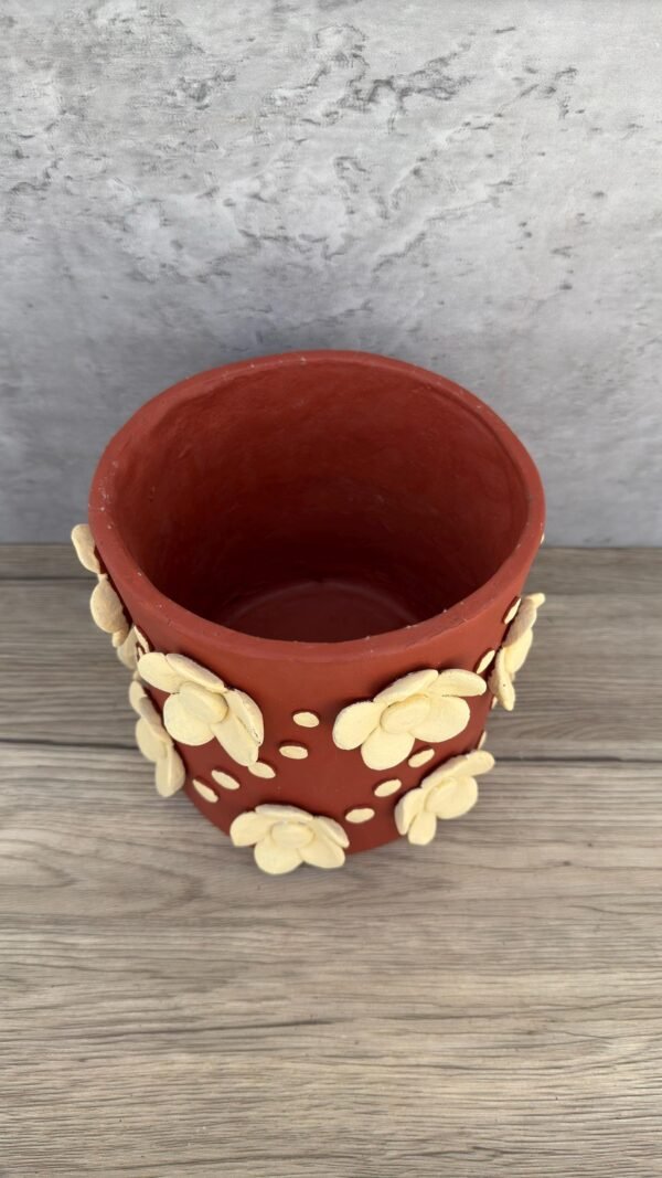 Embroidered Clay Planter Pot Oaxaca Filigrana Clay  Terracotta Flower Pot with Raised Floral Design, Red  Mexican Pottery  Artisans Handmade - Image 3