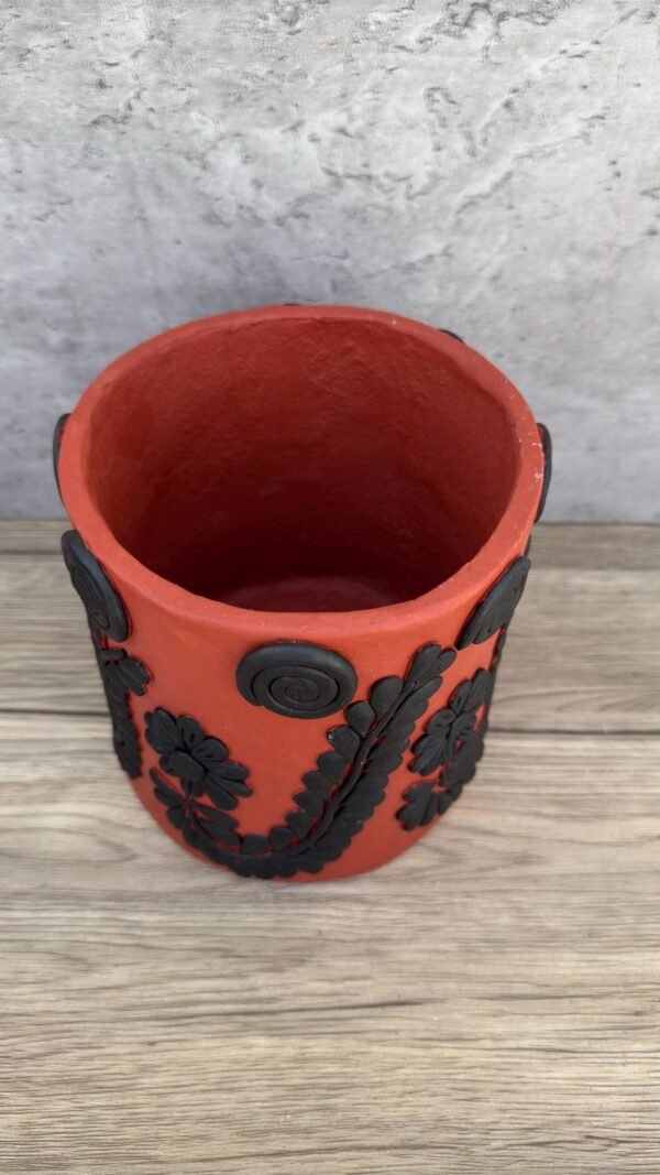 Embroidered Clay Planter Pot Oaxaca Filigrana Clay  Terracotta Flower Pot with Raised Floral Design, Red  Mexican Pottery  Artisans Handmade - Image 3