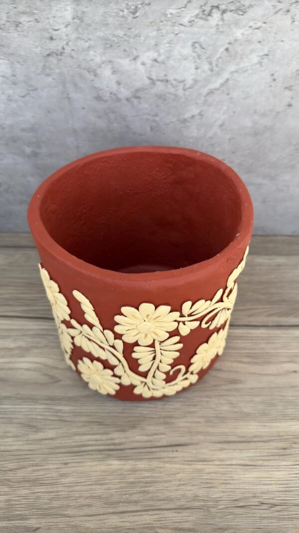Embroidered Clay Planter Pot Oaxaca Filigrana Clay  Terracotta Flower Pot with Raised Floral Design, Red  Mexican Pottery  Artisans Handmade - Image 3