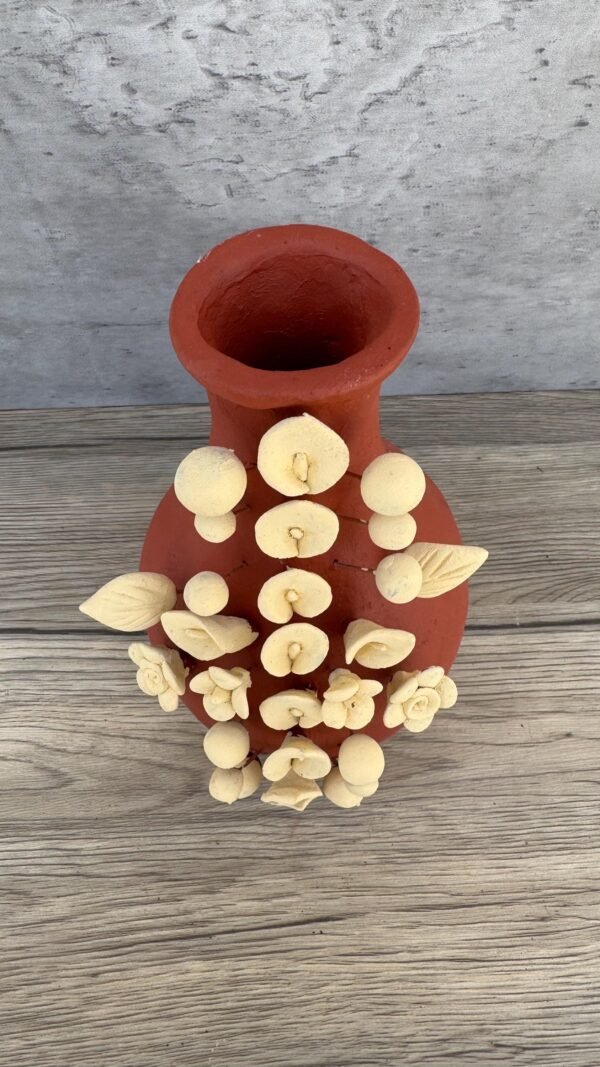 Handmade Oaxaca Clay Vase with Black Flowers, Mexican Barro Floral Decor Rustic Terracotta, Pottery Unique Artisan Vase Natural Clay - Image 3