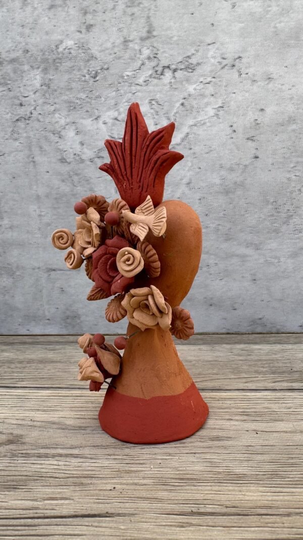 Handmade Clay Sacred Heart with Flowers from Oaxaca, Mexico Terracotta Folk Art Rustic Mexican Home Decor Exvoto Style, Corazon De Fuego - Image 3