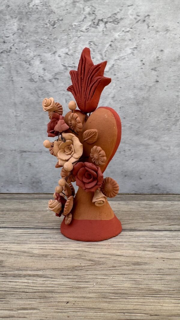Handmade Clay Sacred Heart with Flowers from Oaxaca, Mexico Terracotta Folk Art Rustic Mexican Home Decor Exvoto Style, Corazon De Fuego - Image 3