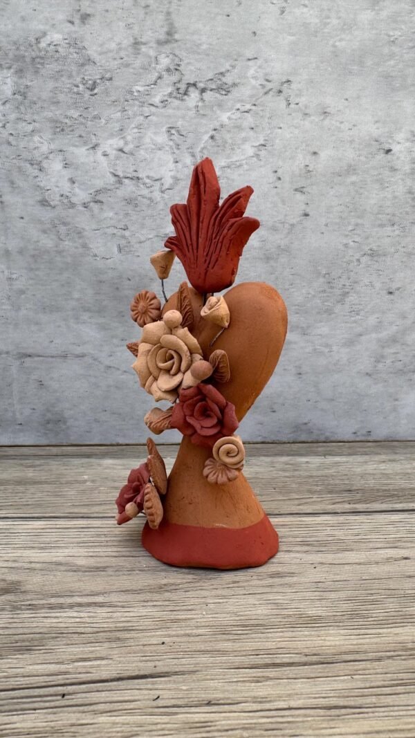 Handmade Clay Sacred Heart with Flowers from Oaxaca, Mexico Terracotta Folk Art Rustic Mexican Home Decor Exvoto Style, Corazon De Fuego - Image 3