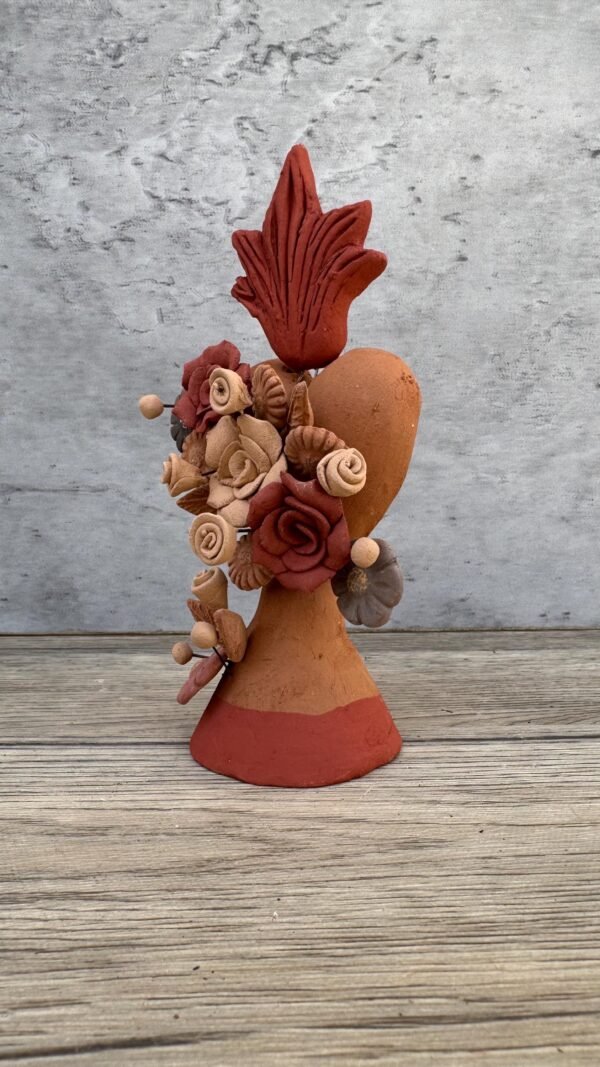 Handmade Clay Sacred Heart with Flowers from Oaxaca, Mexico Terracotta Folk Art Rustic Mexican Home Decor Exvoto Style, Corazon De Fuego - Image 3