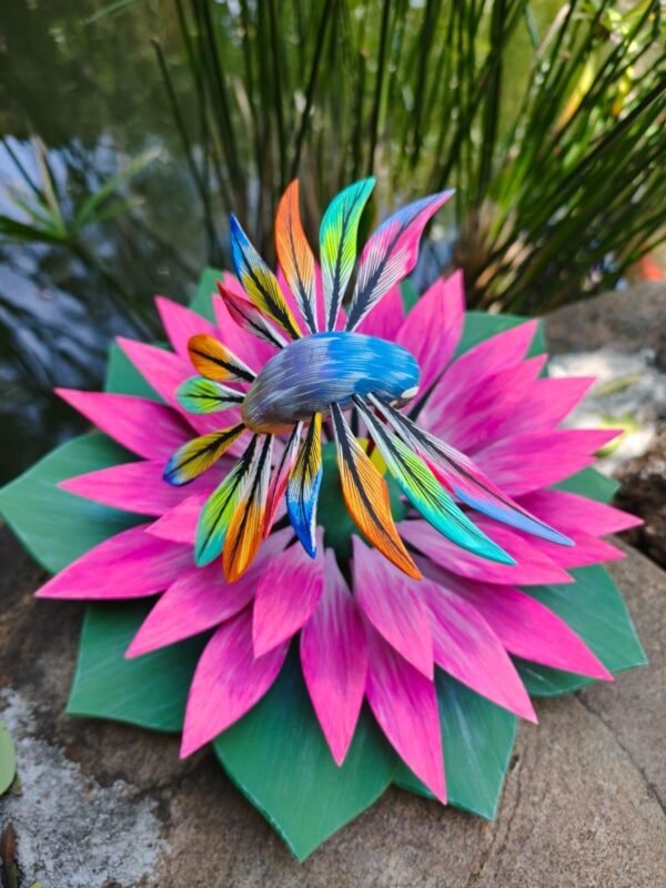 Oaxacan Alebrije Hummingbird and Lotus Flower, Mexican Folk Art Sculpture, Hand Painted Wooden Figurine, Artisan Colorful Carving Oaxaca - Image 3