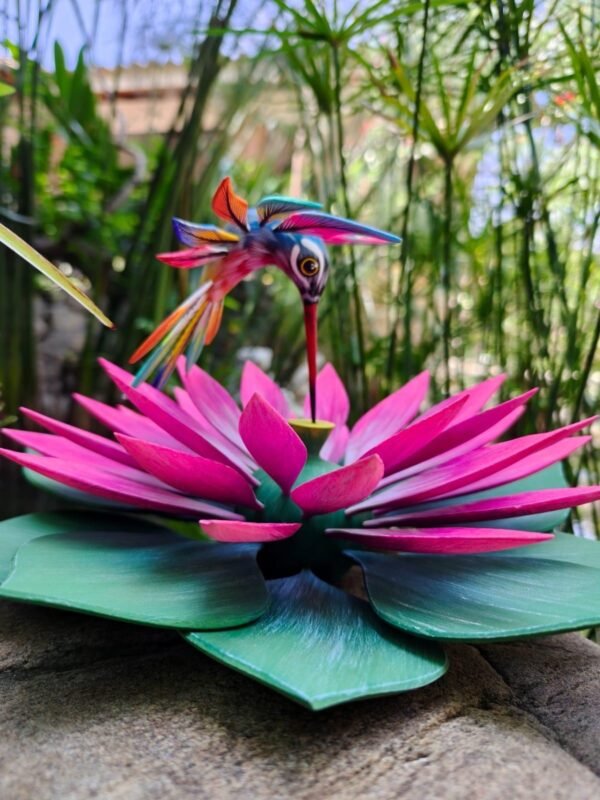 Oaxacan Alebrije Hummingbird and Lotus Flower, Mexican Folk Art Sculpture, Hand Painted Wooden Figurine, Artisan Colorful Carving Oaxaca - Image 4