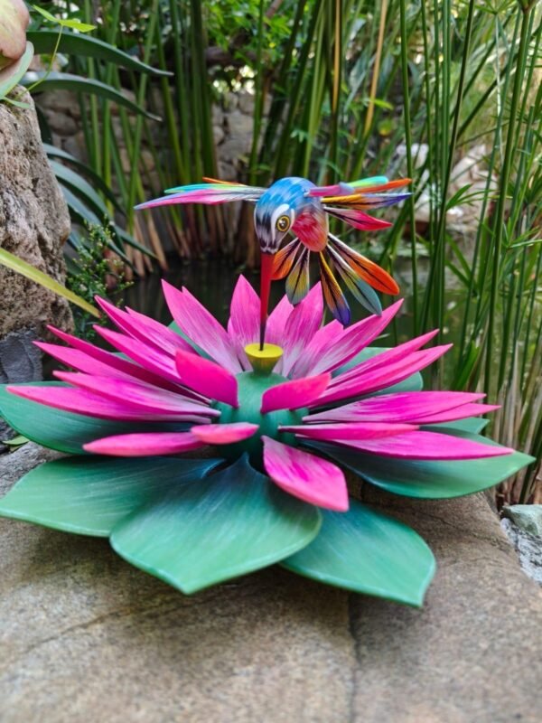 Oaxacan Alebrije Hummingbird and Lotus Flower, Mexican Folk Art Sculpture, Hand Painted Wooden Figurine, Artisan Colorful Carving Oaxaca - Image 5