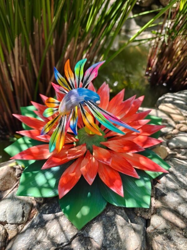 Oaxacan Alebrije Hummingbird and Lotus Flower, Mexican Folk Art Sculpture, Hand Painted Wooden Figurine, Artisan Colorful Carving Oaxaca - Image 3