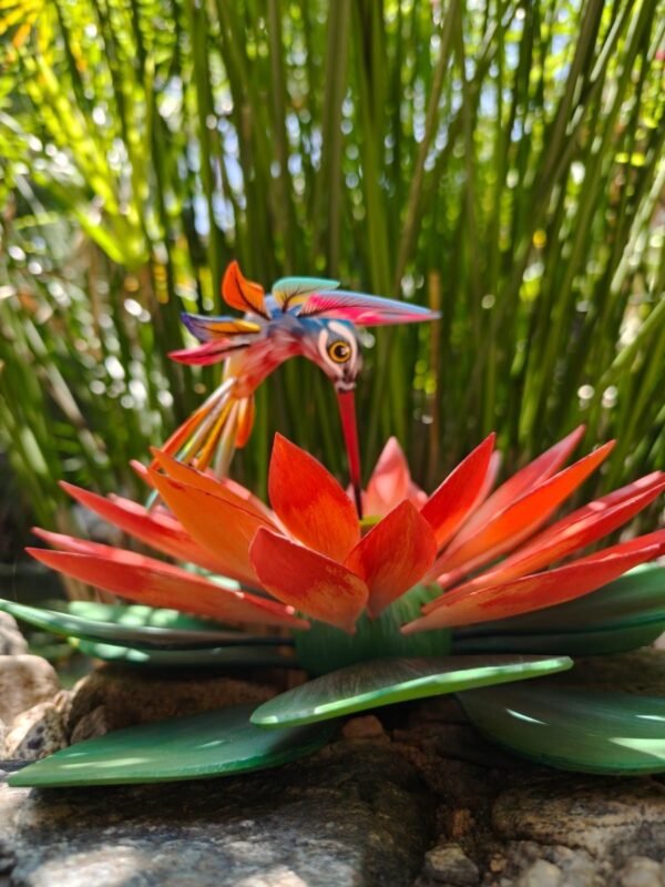 Oaxacan Alebrije Hummingbird and Lotus Flower, Mexican Folk Art Sculpture, Hand Painted Wooden Figurine, Artisan Colorful Carving Oaxaca - Image 4
