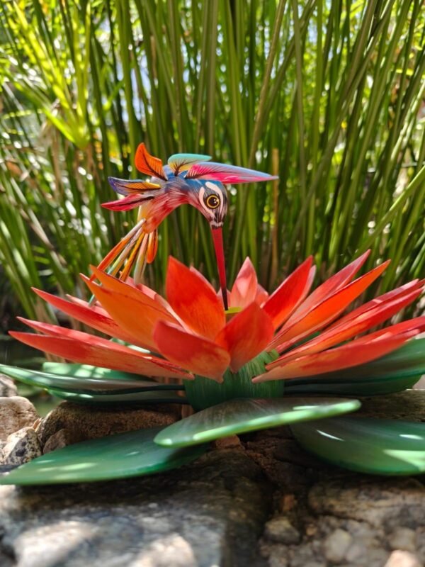 Oaxacan Alebrije Hummingbird and Lotus Flower, Mexican Folk Art Sculpture, Hand Painted Wooden Figurine, Artisan Colorful Carving Oaxaca - Image 5