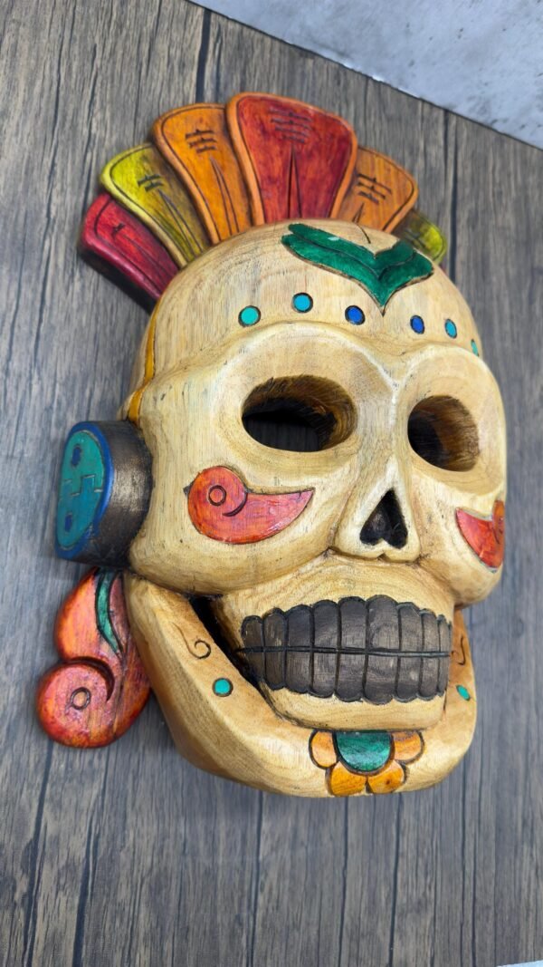 Mictlan Good Of The Underworld Prehispanic Mask, Mayan Culture, Made By Mayan Artisans Yucatán Wall Art, Hand Carved  Painted Cedar Wood - Image 4