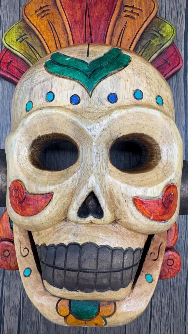 Mictlan Good Of The Underworld Prehispanic Mask, Mayan Culture, Made By Mayan Artisans Yucatán Wall Art, Hand Carved  Painted Cedar Wood - Image 2