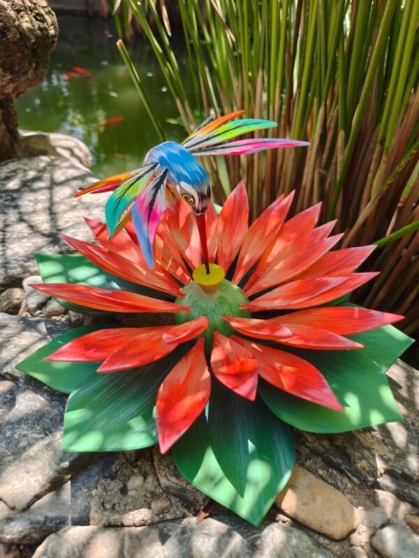 Oaxacan Alebrije Hummingbird and Lotus Flower, Mexican Folk Art Sculpture, Hand Painted Wooden Figurine, Artisan Colorful Carving Oaxaca - Image 2