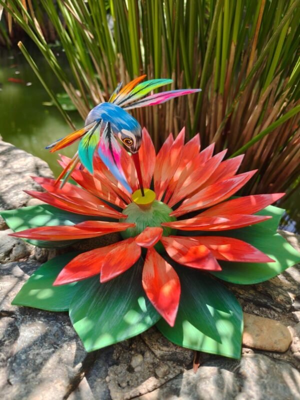 Oaxacan Alebrije Hummingbird and Lotus Flower, Mexican Folk Art Sculpture, Hand Painted Wooden Figurine, Artisan Colorful Carving Oaxaca