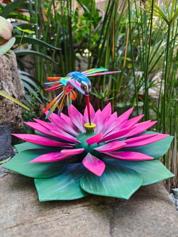 Oaxacan Alebrije Hummingbird and Lotus Flower, Mexican Folk Art Sculpture, Hand Painted Wooden Figurine, Artisan Colorful Carving Oaxaca - Image 2