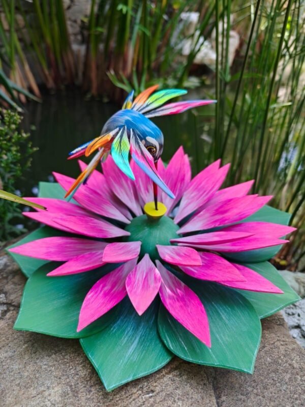 Oaxacan Alebrije Hummingbird and Lotus Flower, Mexican Folk Art Sculpture, Hand Painted Wooden Figurine, Artisan Colorful Carving Oaxaca