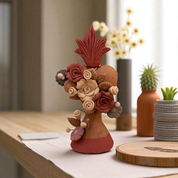 Handmade Clay Sacred Heart with Flowers from Oaxaca, Mexico Terracotta Folk Art Rustic Mexican Home Decor Exvoto Style, Corazon De Fuego