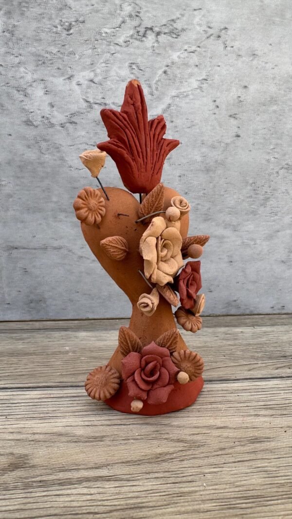 Handmade Clay Sacred Heart with Flowers from Oaxaca, Mexico Terracotta Folk Art Rustic Mexican Home Decor Exvoto Style, Corazon De Fuego - Image 2