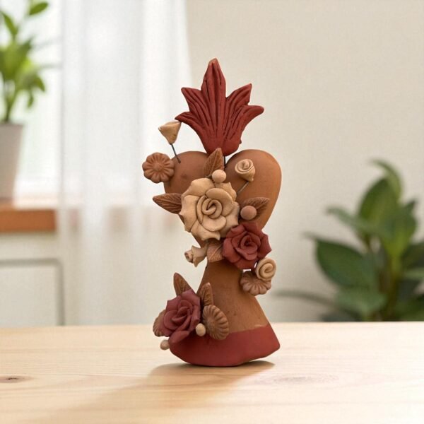 Handmade Clay Sacred Heart with Flowers from Oaxaca, Mexico Terracotta Folk Art Rustic Mexican Home Decor Exvoto Style, Corazon De Fuego