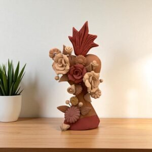 Handmade Clay Sacred Heart with Flowers from Oaxaca, Mexico Terracotta Folk Art Rustic Mexican Home Decor Exvoto Style, Corazon De Fuego