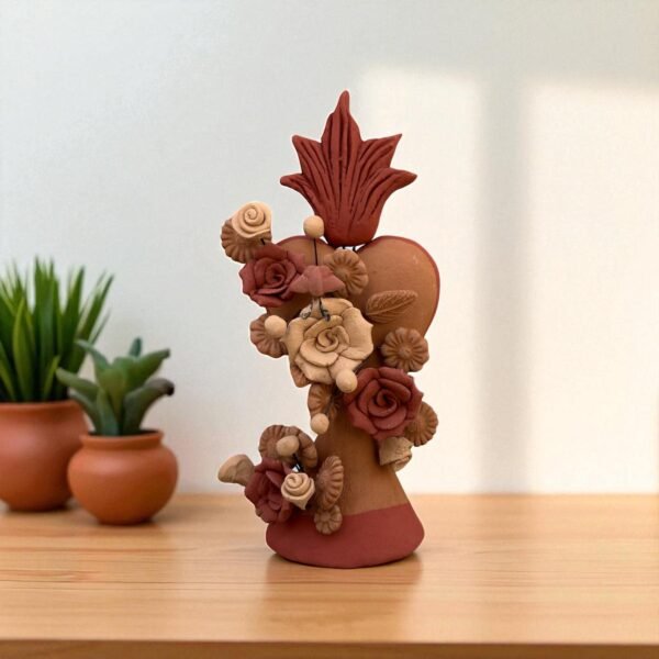 Handmade Clay Sacred Heart with Flowers from Oaxaca, Mexico Terracotta Folk Art Rustic Mexican Home Decor Exvoto Style, Corazon De Fuego