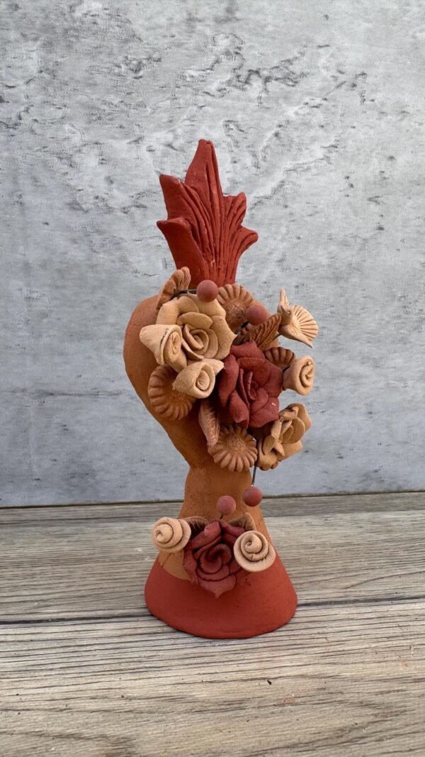 Handmade Clay Sacred Heart with Flowers from Oaxaca, Mexico Terracotta Folk Art Rustic Mexican Home Decor Exvoto Style, Corazon De Fuego - Image 2