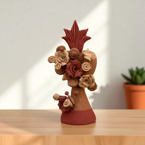 Handmade Clay Sacred Heart with Flowers from Oaxaca, Mexico Terracotta Folk Art Rustic Mexican Home Decor Exvoto Style, Corazon De Fuego