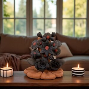 Handmade Clay Candle Holder from Oaxaca, Mexico Terracotta Floral Barro Decor, Mexican Folk Art Centerpiece Flower Design Porta velas