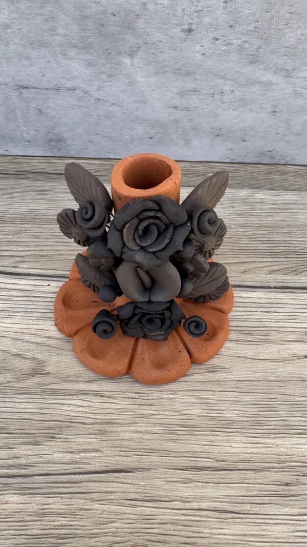 Handmade Clay Candle Holder from Oaxaca, Mexico Terracotta Floral Barro Decor, Mexican Folk Art Centerpiece Flower Design Porta velas - Image 2