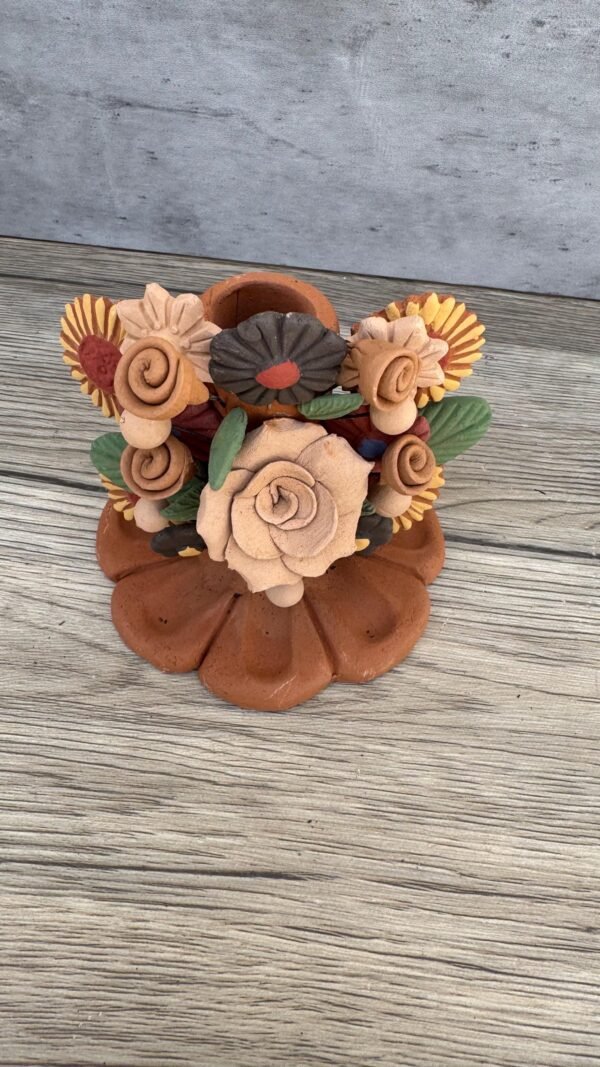 Handmade Clay Candle Holder from Oaxaca, Mexico Terracotta Floral Barro Decor, Mexican Folk Art Centerpiece Flower Design Porta velas - Image 2