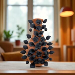 Handmade Oaxaca Clay Vase with Black Flowers, Mexican Barro Floral Decor Rustic Terracotta, Pottery Unique Artisan Vase Natural Clay