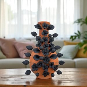 Handmade Oaxaca Clay Vase with Black Flowers, Mexican Barro Floral Decor Rustic Terracotta, Pottery Unique Artisan Vase Natural Clay