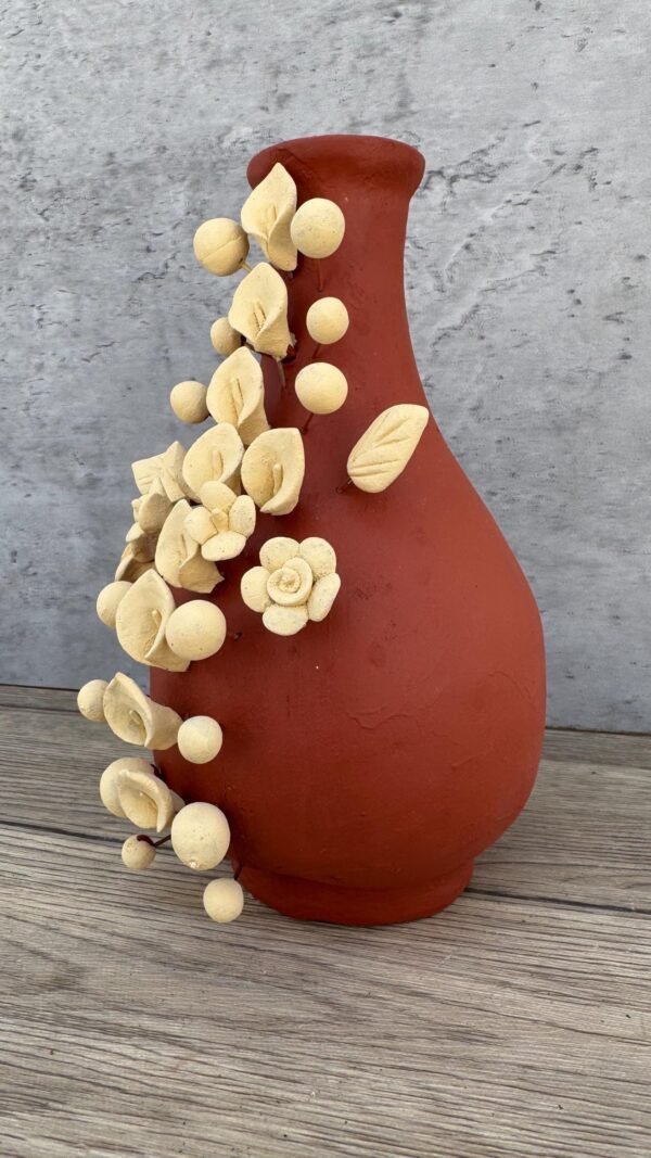 Handmade Oaxaca Clay Vase with Black Flowers, Mexican Barro Floral Decor Rustic Terracotta, Pottery Unique Artisan Vase Natural Clay - Image 2