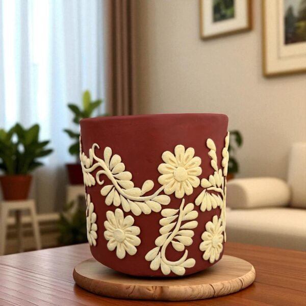 Embroidered Clay Planter Pot Oaxaca Filigrana Clay  Terracotta Flower Pot with Raised Floral Design, Red  Mexican Pottery  Artisans Handmade