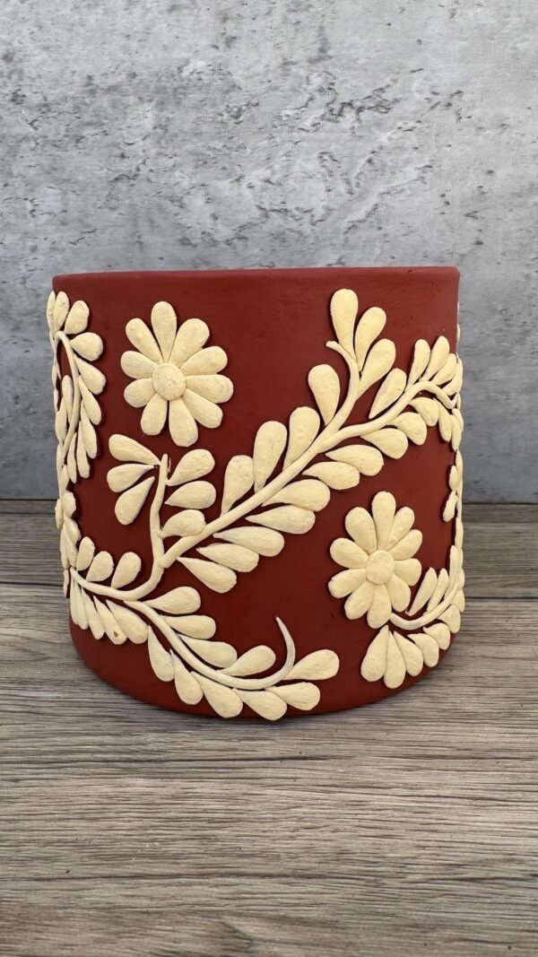 Embroidered Clay Planter Pot Oaxaca Filigrana Clay  Terracotta Flower Pot with Raised Floral Design, Red  Mexican Pottery  Artisans Handmade - Image 2