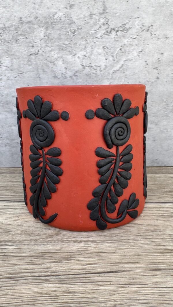Embroidered Clay Planter Pot Oaxaca Filigrana Clay  Terracotta Flower Pot with Raised Floral Design, Red  Mexican Pottery  Artisans Handmade - Image 2