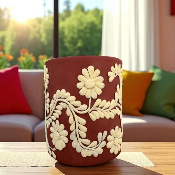 Embroidered Clay Planter Pot Oaxaca Filigrana Clay  Terracotta Flower Pot with Raised Floral Design, Red  Mexican Pottery  Artisans Handmade