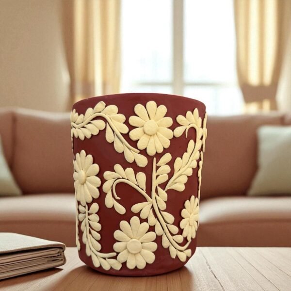 Embroidered Clay Planter Pot Oaxaca Filigrana Clay  Terracotta Flower Pot with Raised Floral Design, Red  Mexican Pottery  Artisans Handmade
