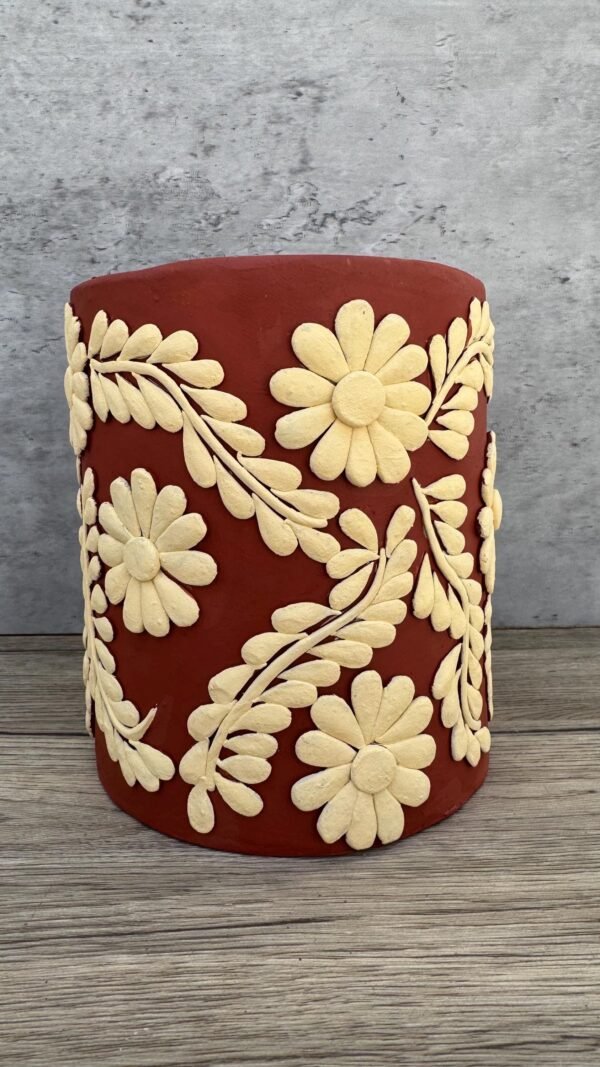 Embroidered Clay Planter Pot Oaxaca Filigrana Clay  Terracotta Flower Pot with Raised Floral Design, Red  Mexican Pottery  Artisans Handmade - Image 2