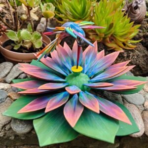 Oaxacan Alebrije Hummingbird and Lotus Flower, Mexican Folk Art Sculpture, Hand Painted Wooden Figurine, Artisan Colorful Carving Oaxaca
