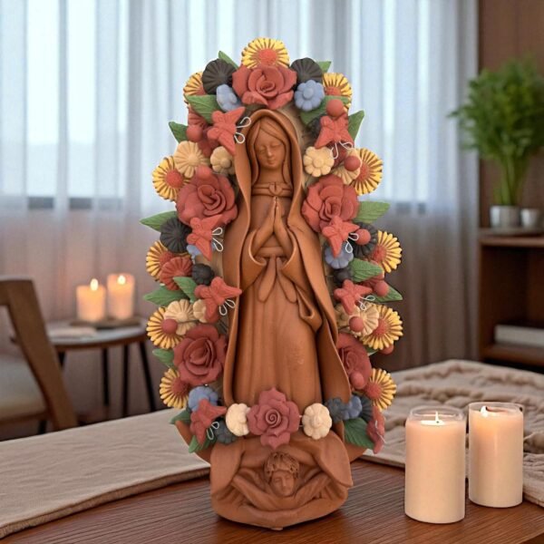 Virgin Mary Handmade Clay Piece, Virgen de Guadalupe  Mexican Decoration, Mary Virgin Sculpture, Metepec Estado de México Virgencita